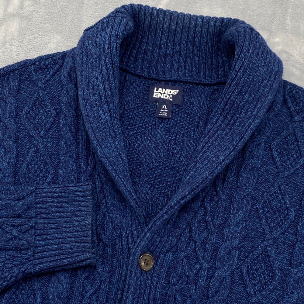 Lands End Mens XL Blue Marled Cable Knit Shawl Collar Button Cardigan Sweater